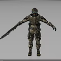 Futuristic Sci Fi Armored Warrior Character In Tactical Armor Holding Rifle Standing Pose