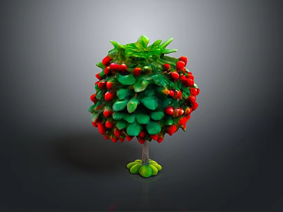 Tree Like Plant With Green Leaves And Red Strawberries On Green Base 3d model