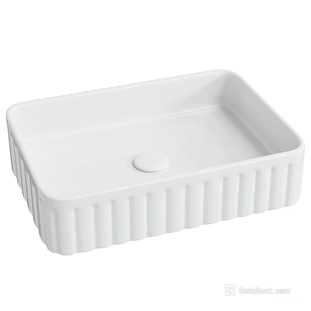White Square Ceramic Washbasin With Vertical Striped Design And Round Drain 3d model 