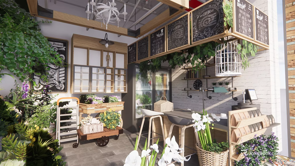 Cozy Specialty Store Interior Featuring Wooden Chandelier Green Plants Chalkboards Flower Bouquets Cart And Baskets 3d model 