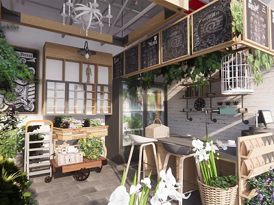 Cozy Specialty Store Interior Featuring Wooden Chandelier Green Plants Chalkboards Flower Bouquets Cart And Baskets 3d model