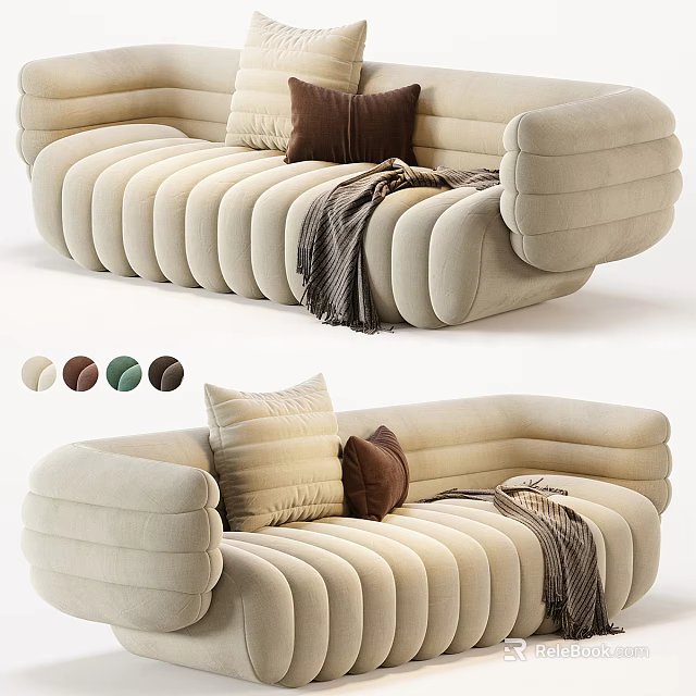 Stylish Multi Seater Sectional Sofa Featuring Pleated Design Pillows Throw Blanket And Color Options 3d model 