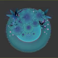 Cartoon Scene with Blue Lotus Leaves Frog Blue Water Purple Stones and Pink Flowers