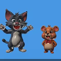 Happy Cartoon Gray Cat And Brown Bear With Red Bow Tie On Blue Background