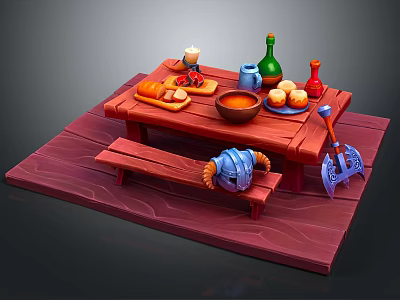 Red Wooden Dining Table With Bread Eggs Bowl Bottles And Matching Bench 3d model