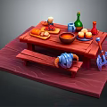 Red Wooden Dining Table With Bread Eggs Bowl Bottles And Matching Bench