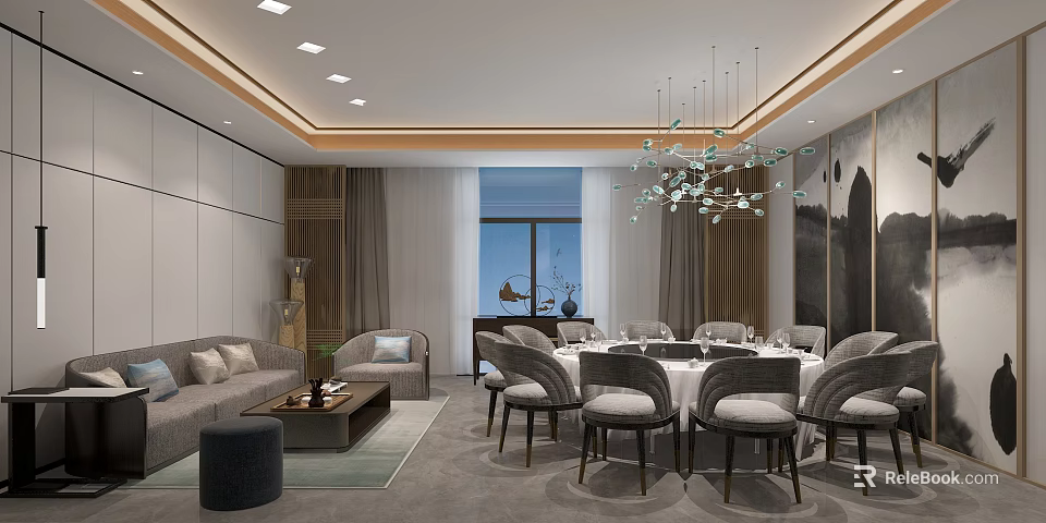 Elegant Modern Private Room Interior Design With Round Dining Table Sofa And Chandelier 3d model