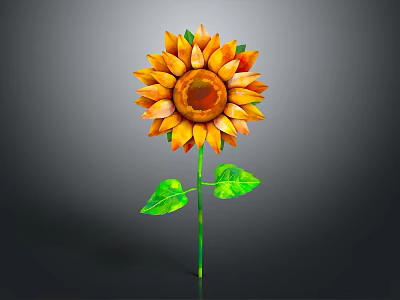 Bright Yellow Sunflower With Green Stem And Leaves On Dark Background 3d model