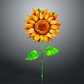 Bright Yellow Sunflower With Green Stem And Leaves On Dark Background