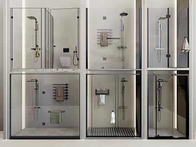 Modern Shower Sauna Interior Design With Glass Enclosures Shower Heads Towel Racks And Various Layouts 3d model