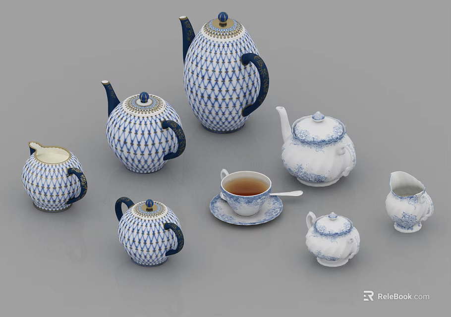 Blue And White Ceramic Tea Set With Teapots Teacup Creamer And Sugar Bowl 3d model 