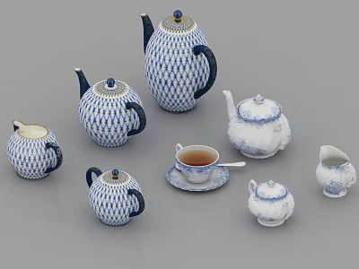 Blue And White Ceramic Tea Set With Teapots Teacup Creamer And Sugar Bowl 3d model
