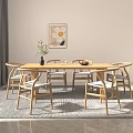 Minimalist Modern Wooden Dining Table Set With Six Chairs Green Plant And Fruit Bowl