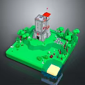 Cartoon Scenic Castle with Red Roof on Green Grassland Surrounded by Trees and Small Animals 3d model