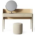 Modern Minimalist Dressing Table With Round Mirror And Beige Upholstered Ottoman