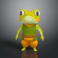 Anthropomorphic Cartoon Frog Character In Green Outfit And Orange Pants With Large Eyes