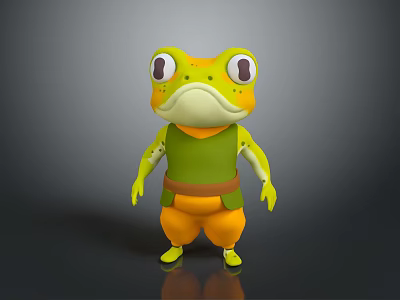 Anthropomorphic Cartoon Frog Character In Green Outfit And Orange Pants With Large Eyes 3d model