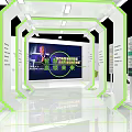 Modern Exhibition Booth Design With White Green Brand Logo Reception Counter And Digital Screen