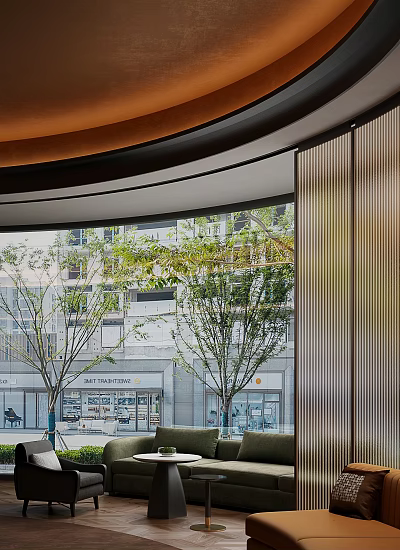 Hotel Public Lounge Modern Design With Large Windows Outdoor Tree Views And Vertical Slat Panels 3d model