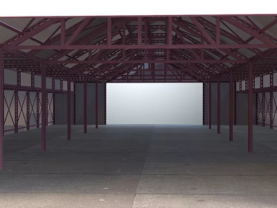 Industrial Style Spacious Open Space With Red Metal Frame Roof And Supporting Columns 3d model