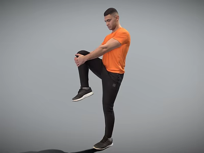 A Man In Orange T shirt Black Pants Lifting Leg For Stretching Wearing Sneakers On Gray Background 3d model