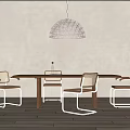 Modern Wooden Dining Table Set With Metal Frame Chairs And Wire Mesh Pendant Light