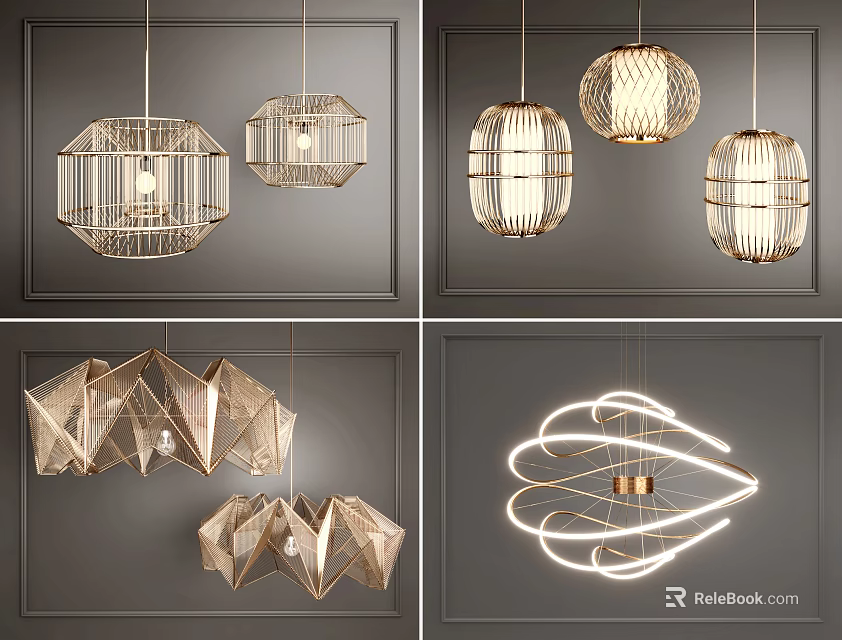 Modern Chandeliers Featuring Geometric Shapes Metallic Woven Frames And LED Lighting Designs 3d model 