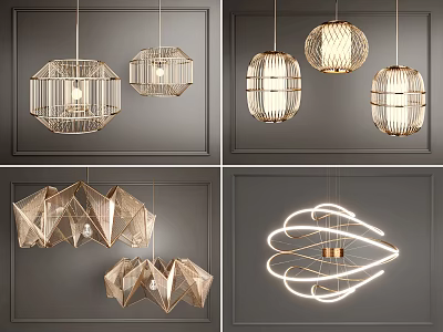 Modern Chandeliers Featuring Geometric Shapes Metallic Woven Frames And LED Lighting Designs 3d model
