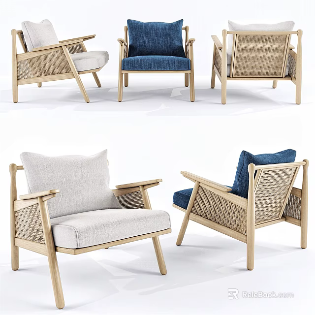 Modern Single Seater Sofa With Wooden Frame Rattan Weave Beige Blue Linen Cushions 3d model 