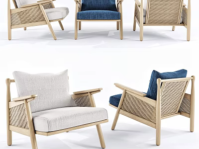 Modern Single Seater Sofa With Wooden Frame Rattan Weave Beige Blue Linen Cushions 3d model
