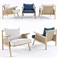 Modern Single Seater Sofa With Wooden Frame Rattan Weave Beige Blue Linen Cushions
