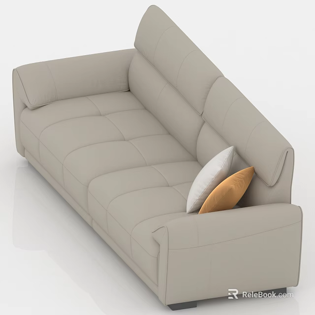Modern Three Seater Sofa With Light Beige Leather And White Orange Throw Pillows 3d model