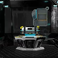 Sci-Fi Room With Central Console Blue Screen Black Textured Walls Blue Lighting And Wall