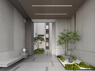 Modern Entrance Hall Design With Grey Walls Wooden Ceiling Bench And Stone Plant Garden 3d model