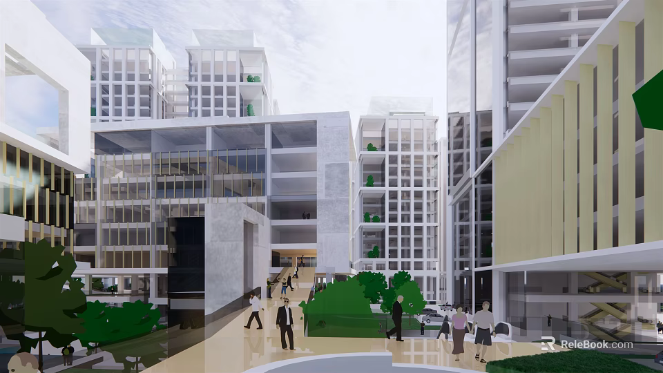 Modern Commercial Complex With Open Courtyard Greenery And Pedestrians 3d model 
