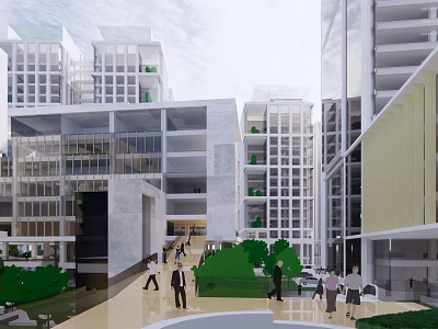 Modern Commercial Complex With Open Courtyard Greenery And Pedestrians 3d model