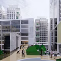 Modern Commercial Complex With Open Courtyard Greenery And Pedestrians