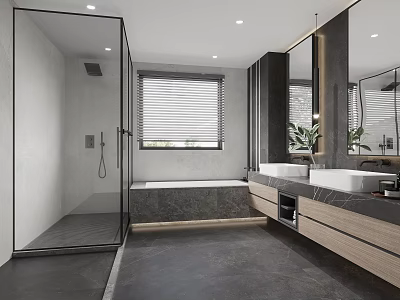 Modern Minimalist Bathroom Interior With Glass Shower Enclosure Built In Bathtub And Double Sink Vanity 3d model