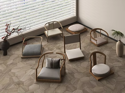 Various Stylish Wooden Chairs With Cushions On Hexagonal Tile Floor And Window Blinds 3d model