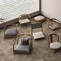 Various Stylish Wooden Chairs With Cushions On Hexagonal Tile Floor And Window Blinds