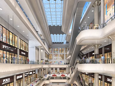 Shopping Mall Atrium with Glass Skylight Ceiling Multiple Escalators Retail Shops and Shoppers 3d model