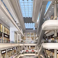 Shopping Mall Atrium with Glass Skylight Ceiling Multiple Escalators Retail Shops and Shoppers