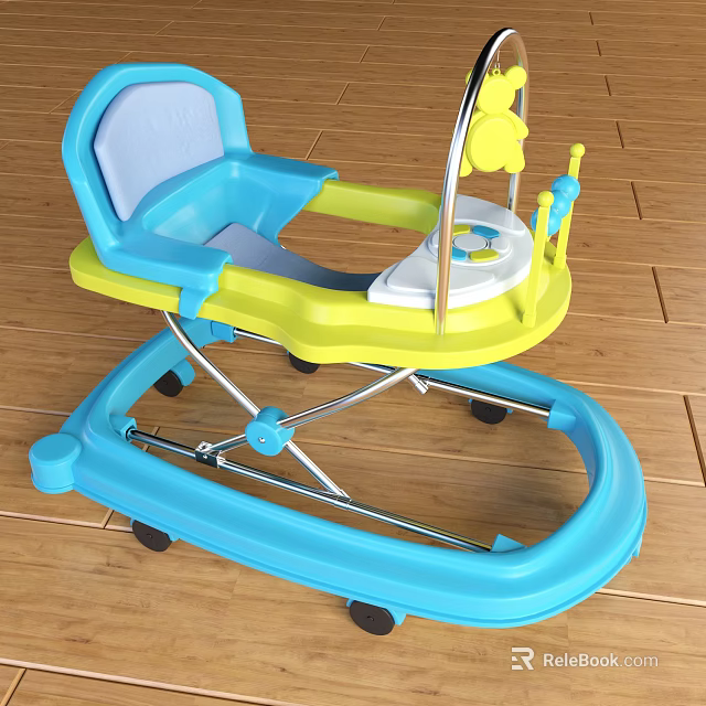 Colorful Blue And Yellow Baby Walker With Toy Bar And Wheels 3d model 