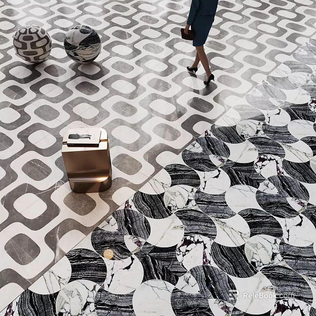 Black And White Geometric Floor Tiles With Circular Patterns In Indoor Space 3d model 