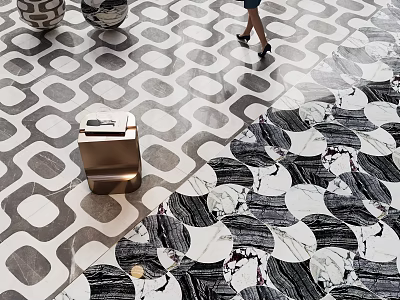 Black And White Geometric Floor Tiles With Circular Patterns In Indoor Space 3d model