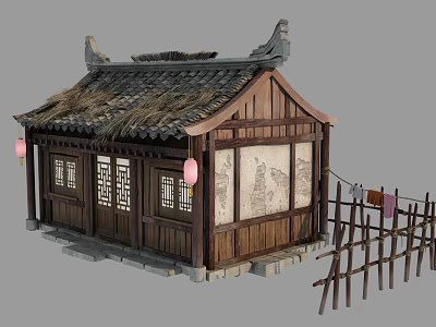Ancient Chinese Building With Traditional Thatched Roof Wooden Structure Red Lanterns And Fence 3d model