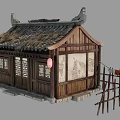Ancient Chinese Building With Traditional Thatched Roof Wooden Structure Red Lanterns And Fence