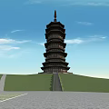 Ancient Multi Tiered Pagoda Traditional Wooden Structure Surrounded By Green Hills And Stone Path 3d model