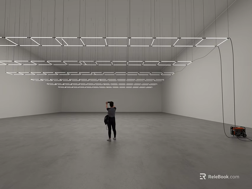 Illuminated Square Art Installation Suspended From Ceiling In Spacious Room With Person 3d model 