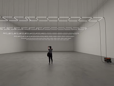 Illuminated Square Art Installation Suspended From Ceiling In Spacious Room With Person 3d model